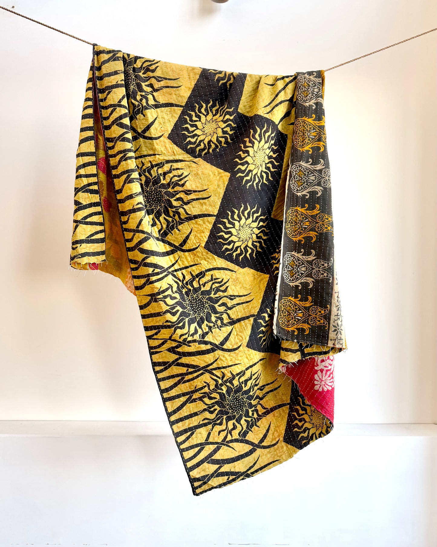 Vintage Cotton Kantha Quilt In Green And Yellow #38