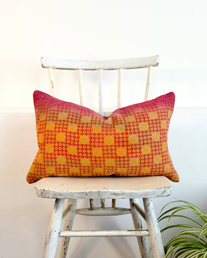 Vintage Kantha Cushion In Pink and Yellow - Small Rectangular
