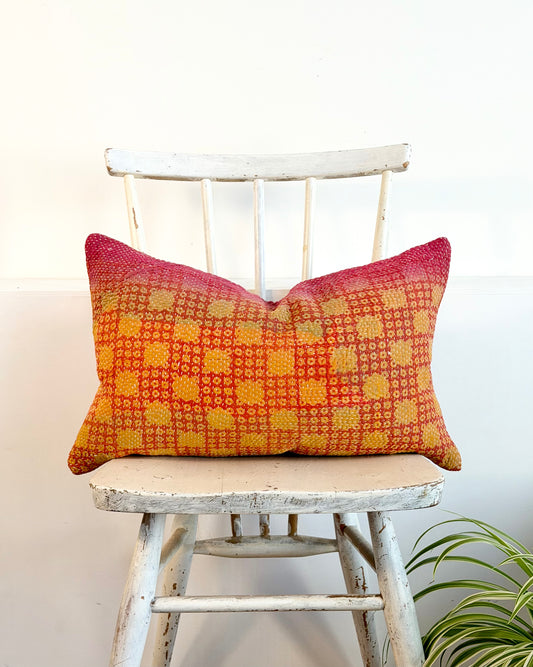 Vintage Kantha Cushion In Pink and Yellow - Small Rectangular
