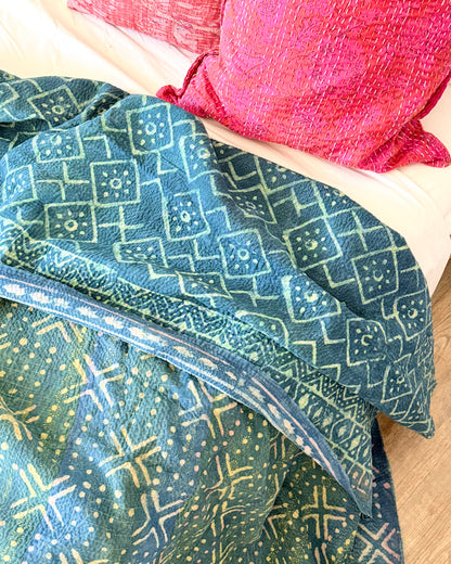 Large Heavy Indigo Print Kantha Quilt