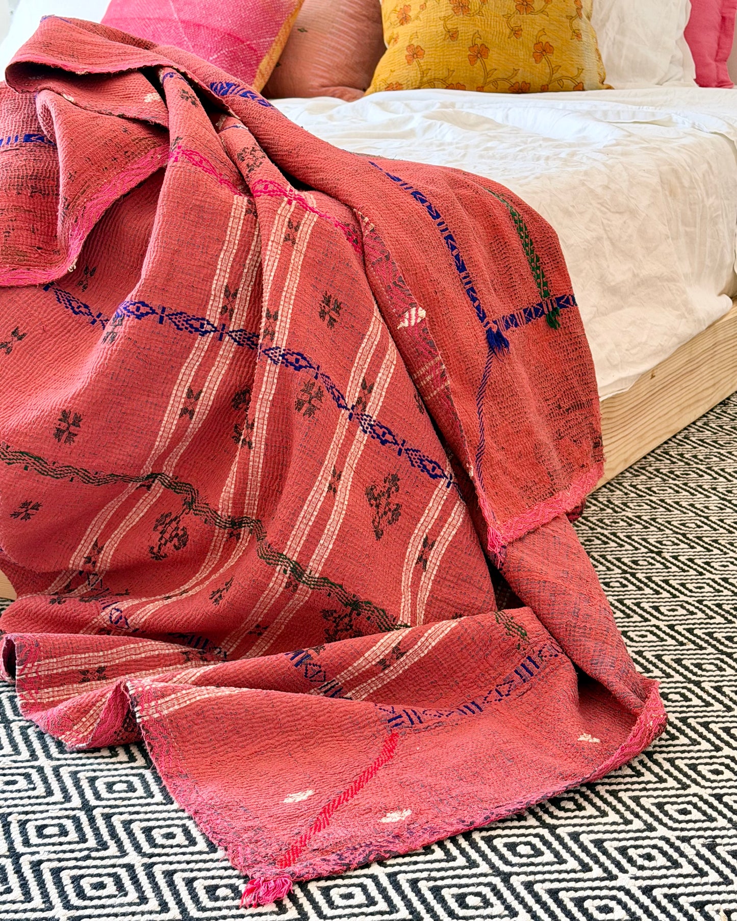 Extra Large Embroidered Vintage Kantha Quilt in Deep Red