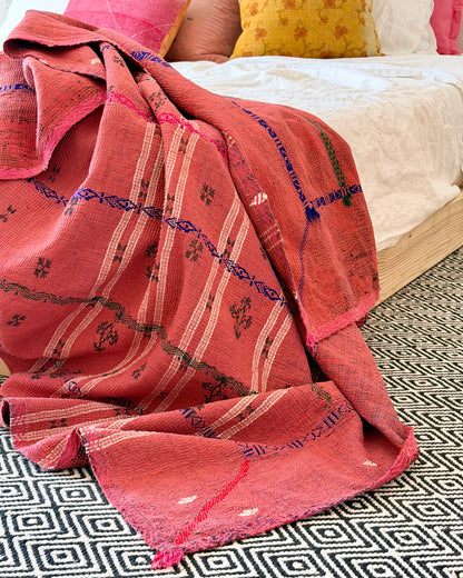 Extra Large Embroidered Vintage Kantha Quilt in Deep Red