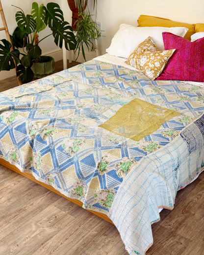 Large Textured Vintage Kantha Quilt in Pastel Pink and Blue