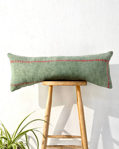Vintage Kantha Bolster Cushion Cover In Green With Orange Embroidery - 80cm