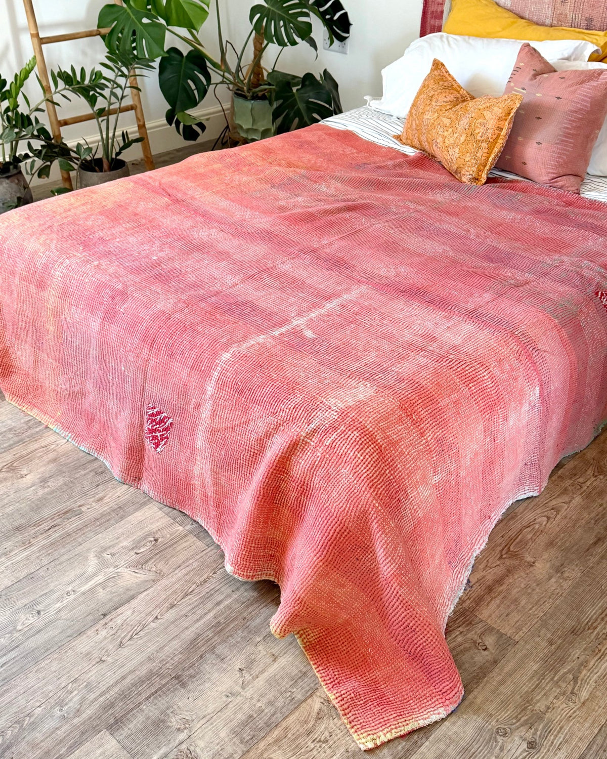 Fine Stitched Heavy Vintage Kantha Quilt in Soft Pink and Orange - FIRST picture - Biggs & Hill