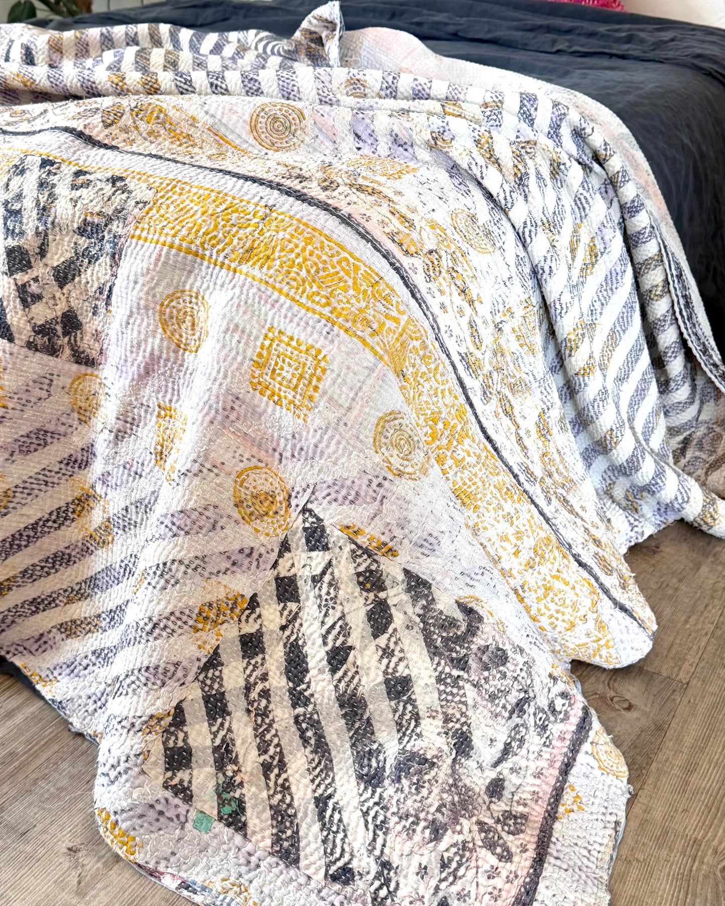 Textured Vintage Kantha Quilt in Pastel Floral with Grey Stripes - Biggs & Hill