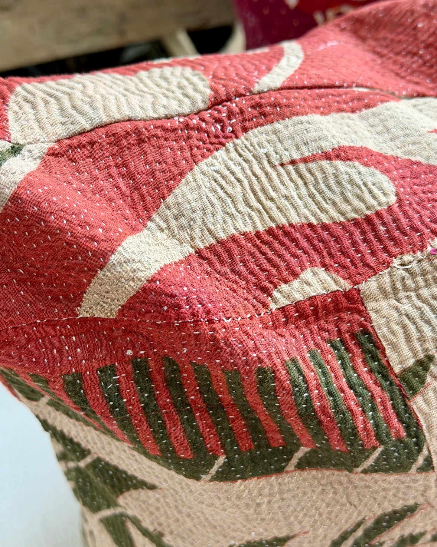 Vintage Kantha Cushion In Green and Pink- 45cm Square