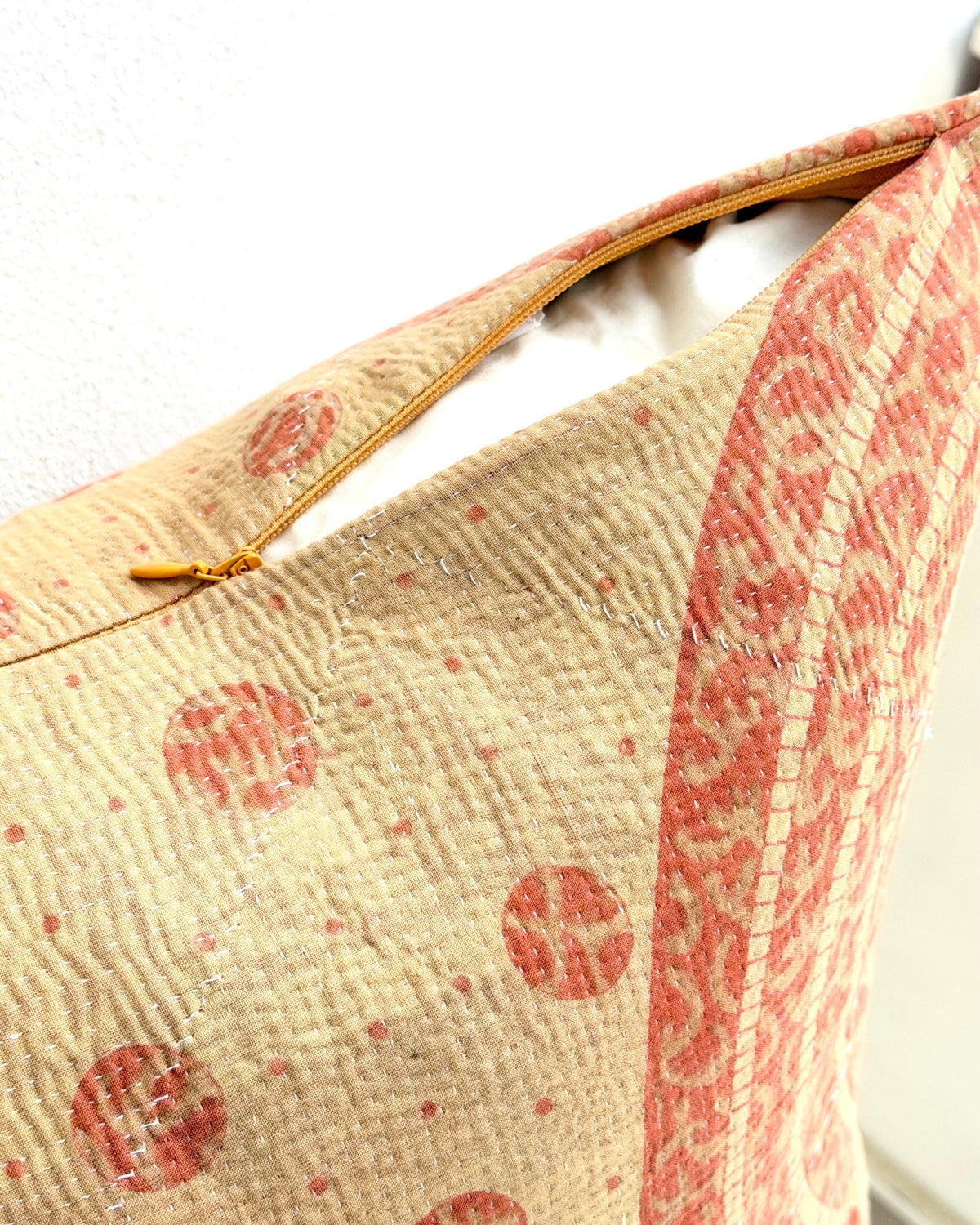 Handmade Vintage Kantha Cushion Cover In Beige and Orange- 45cm (18") Square - Biggs & Hill