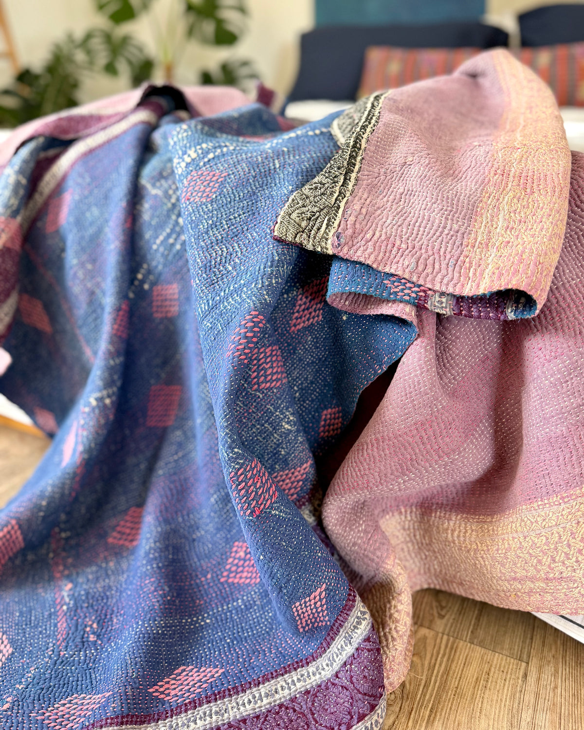 Heavy Fine Stitched Embroidered Vintage Kantha Quilt in Blue and Pink