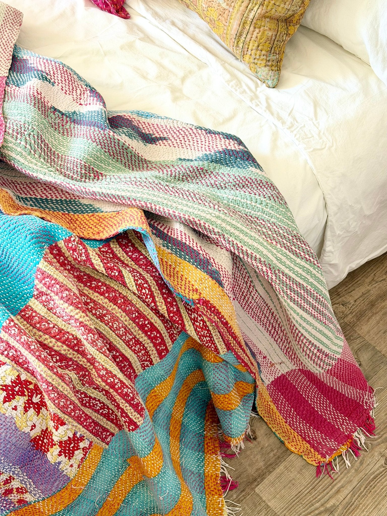 Heavy Kantha Blanket Quilt In Orange, Pink and Blue Colour Blocks - Biggs & Hill