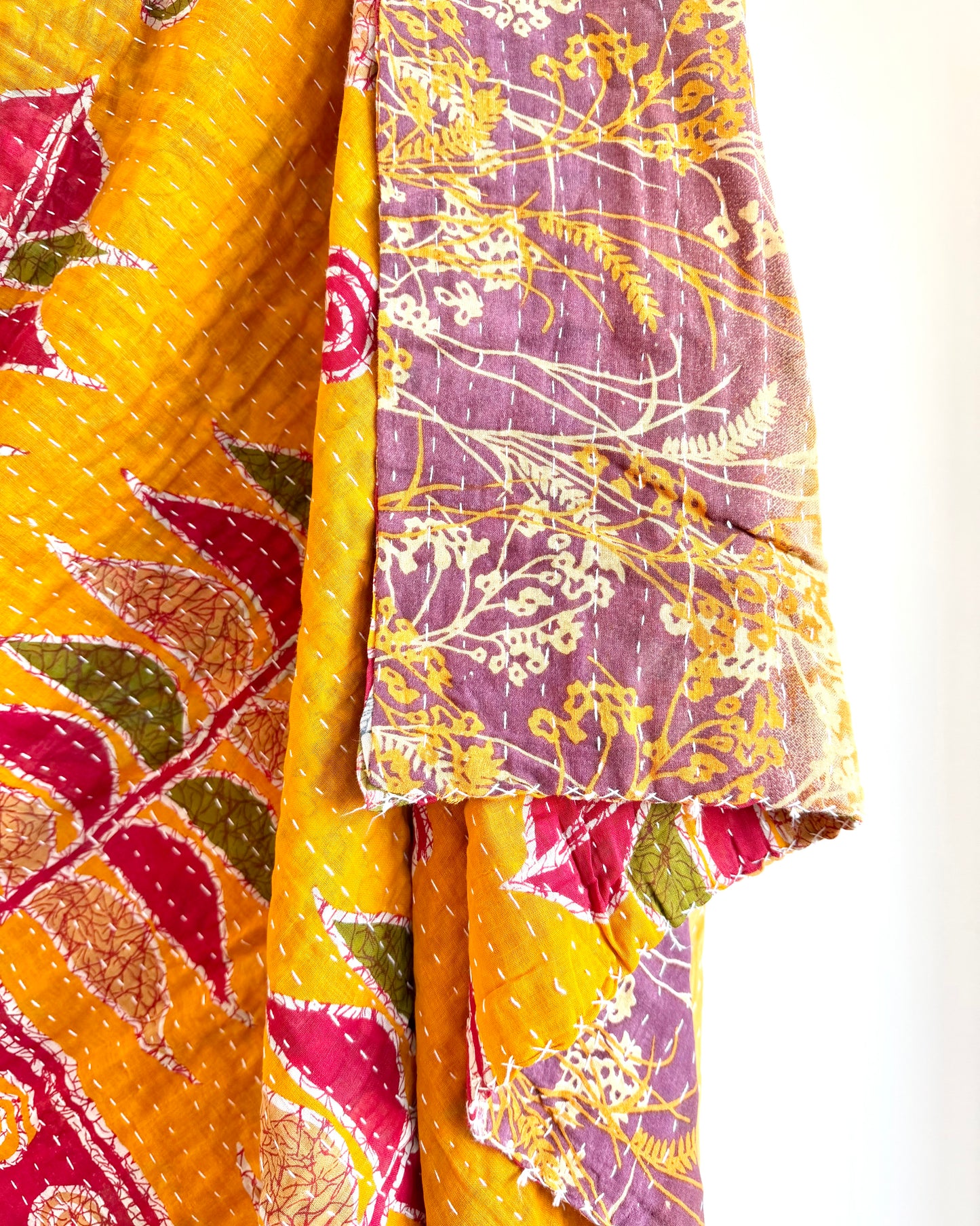 Vintage Cotton Kantha Quilt In Yellow And Lilac #35