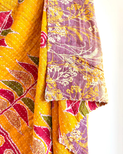 Vintage Cotton Kantha Quilt In Yellow And Lilac #35