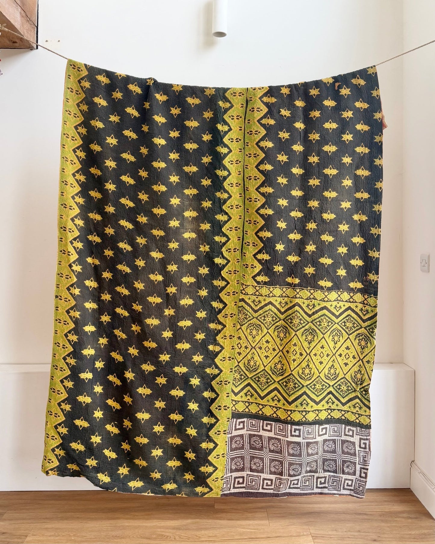 Large Fine Stitched Vintage Kantha Quilt In Orange, Black and Green - Biggs & Hill