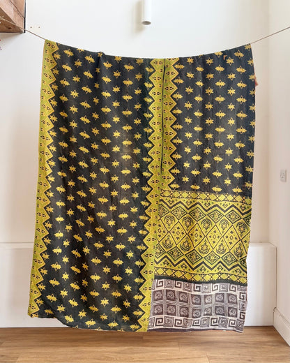 Large Fine Stitched Vintage Kantha Quilt In Orange, Black and Green - Biggs & Hill
