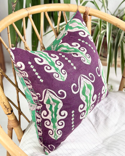 Handmade Vintage Kantha Cushion Cover In Green and Purple - 45cm (18") Square