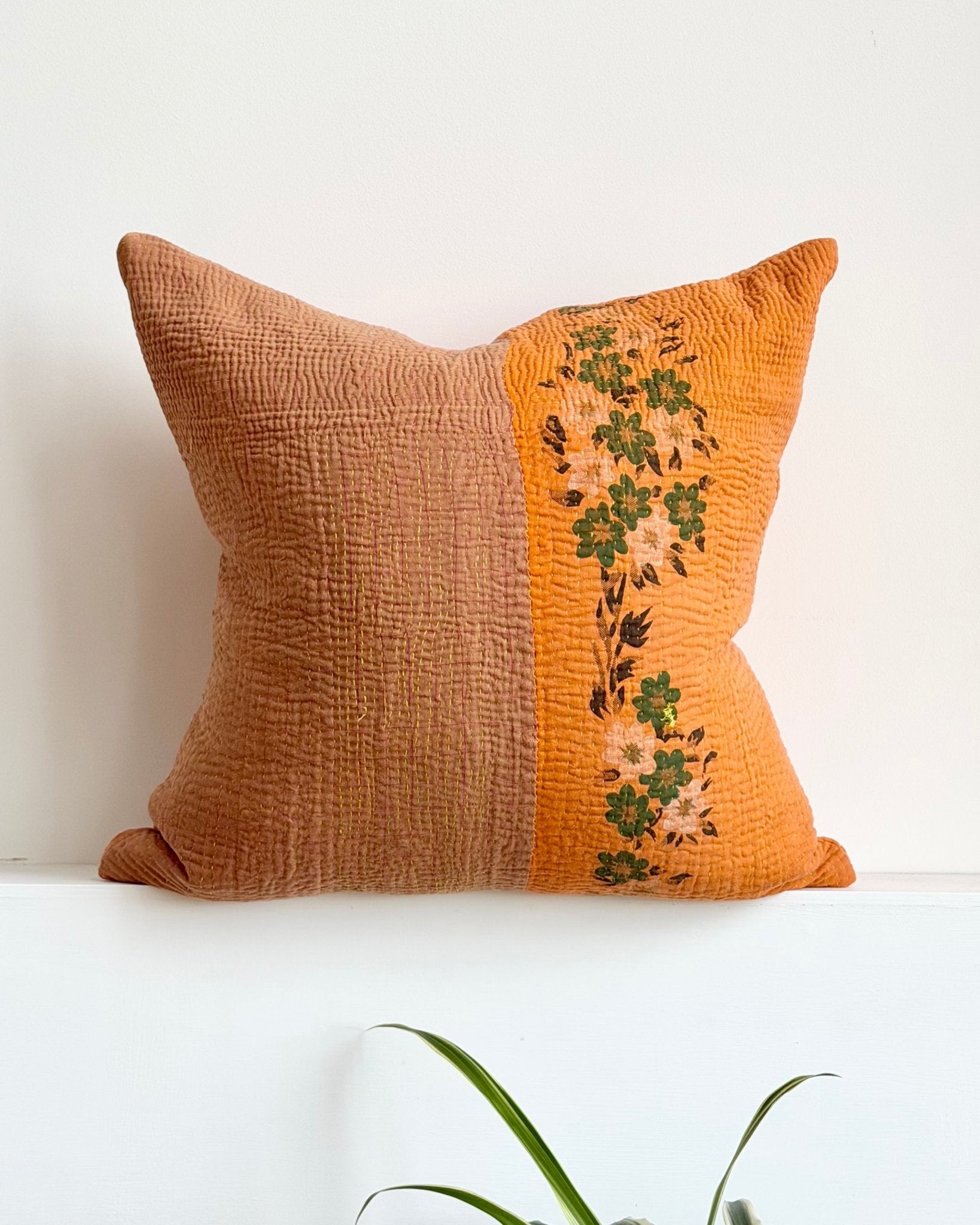 Vintage Kantha Cushion In Orange and Brown Floral 03 - 50cm Square - Biggs & Hill