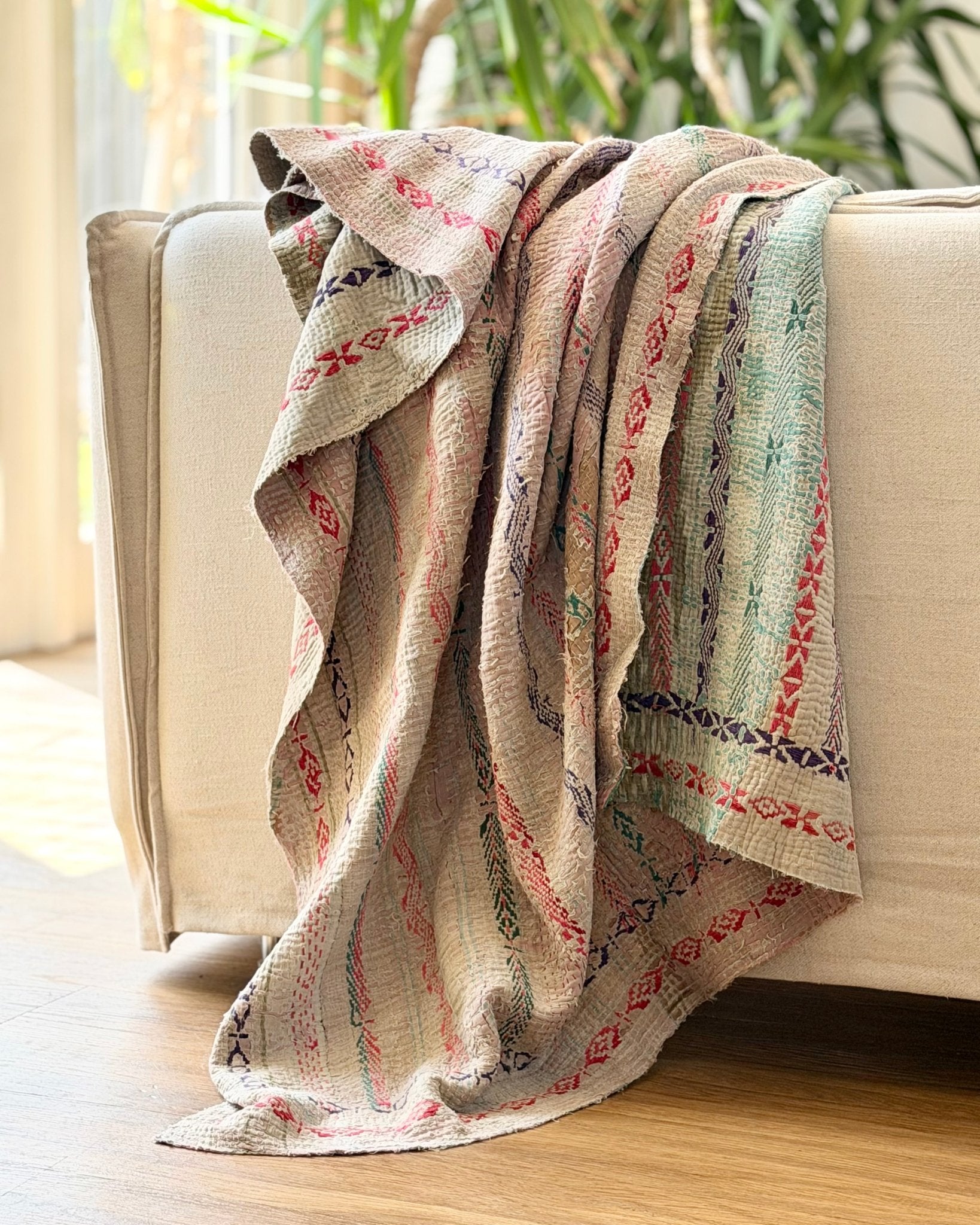 Embroidered and Textured Vintage Kantha Quilt In Green and Light Pink - Biggs & Hill