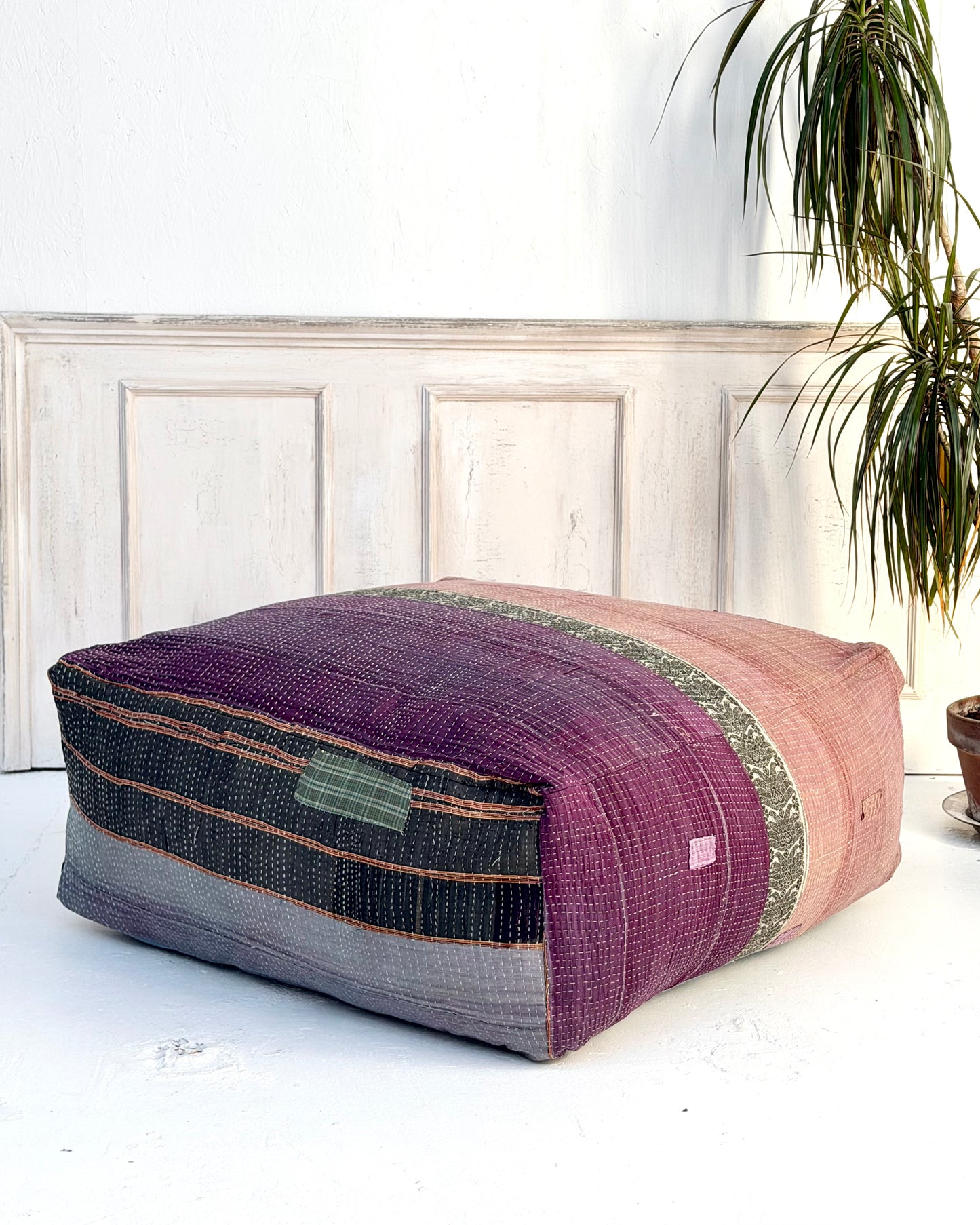 Extra Large Square Kantha Pouf Cushion Cover With Blue and Grey Stripes
