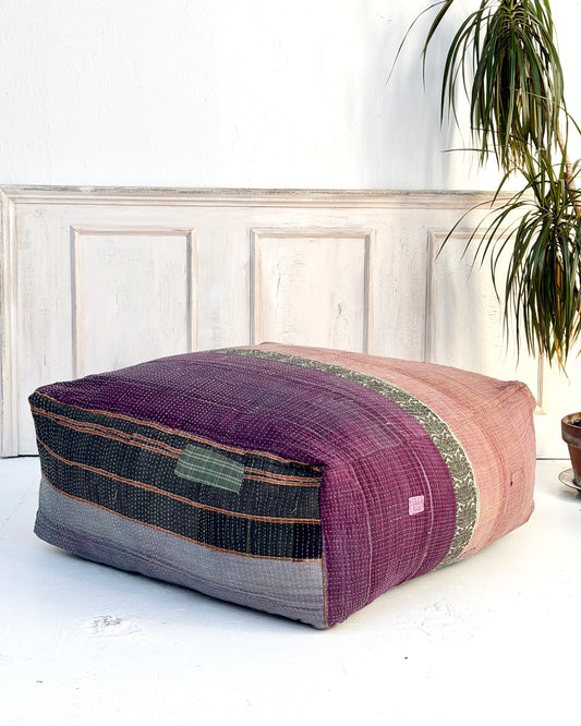 Extra Large Square Kantha Pouf Cushion Cover With Blue and Grey Stripes