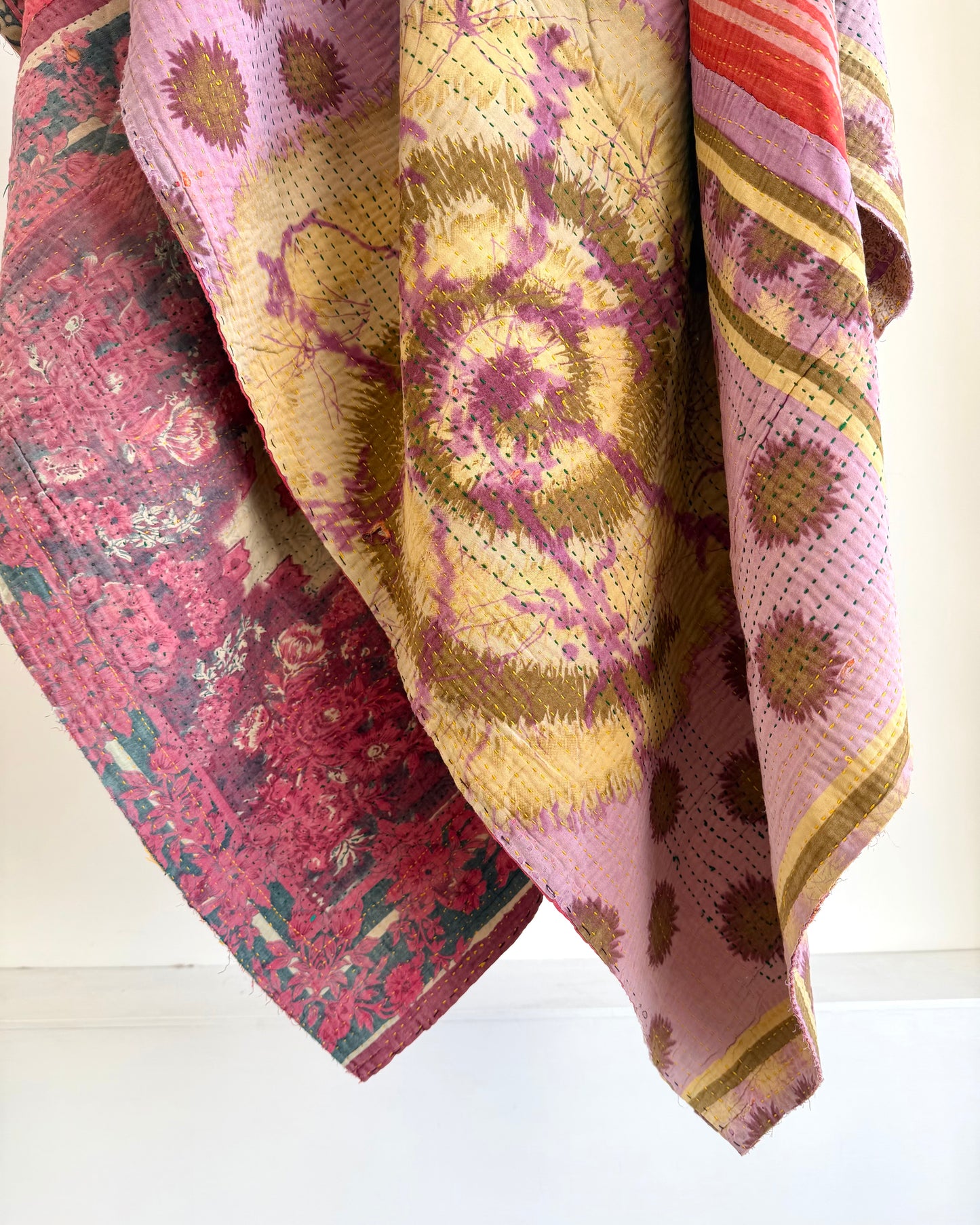 Fine Stitched Vintage Kantha Quilt in Super Soft Pink and Purple