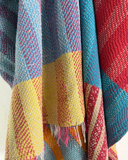 Heavy Kantha Blanket Quilt In Orange, Pink and Blue Colour Blocks - Biggs & Hill