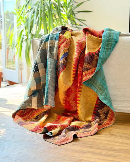 Extra Large Textured Vintage Kantha Quilt In Geometric Yellow, Black and Orange - Biggs & Hill