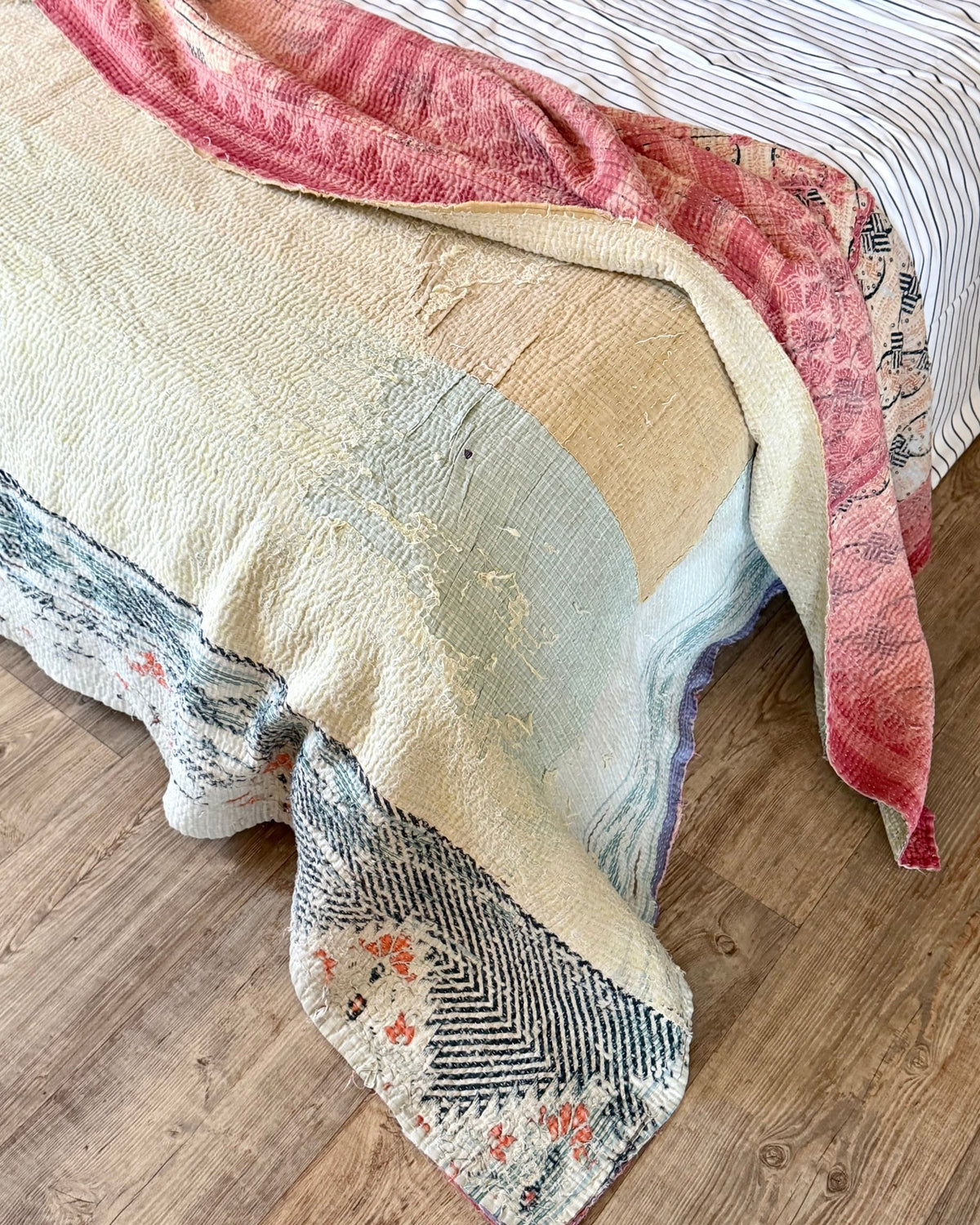 Large Textured Vintage Kantha Quilt in Peachy Pink and Yellow - Biggs & Hill