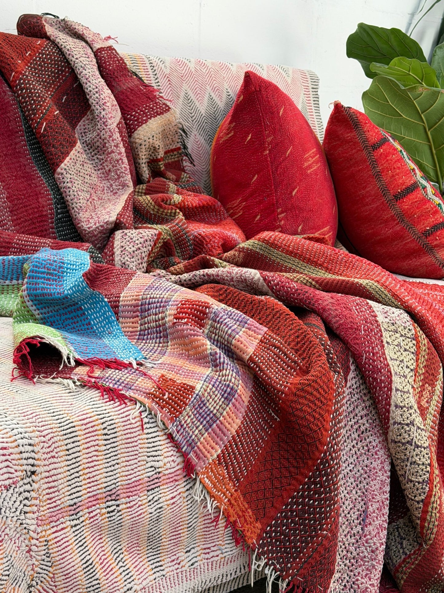 Heavy Kantha Blanket Quilt With Red Stripes And Green Back - Biggs & Hill