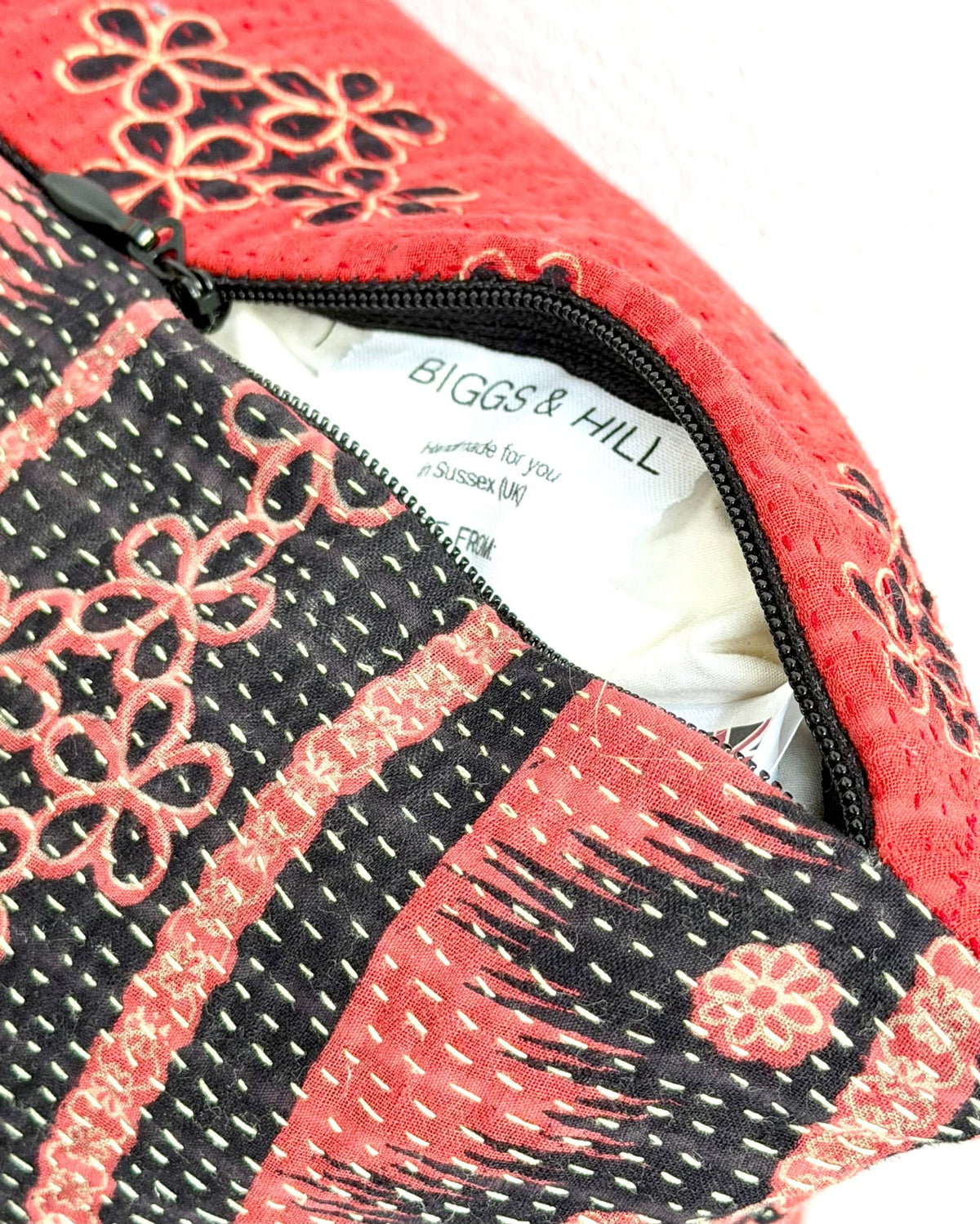 Handmade Reversible Vintage Kantha Cushion Cover In Red and Black - 45cm (18") - Biggs & Hill