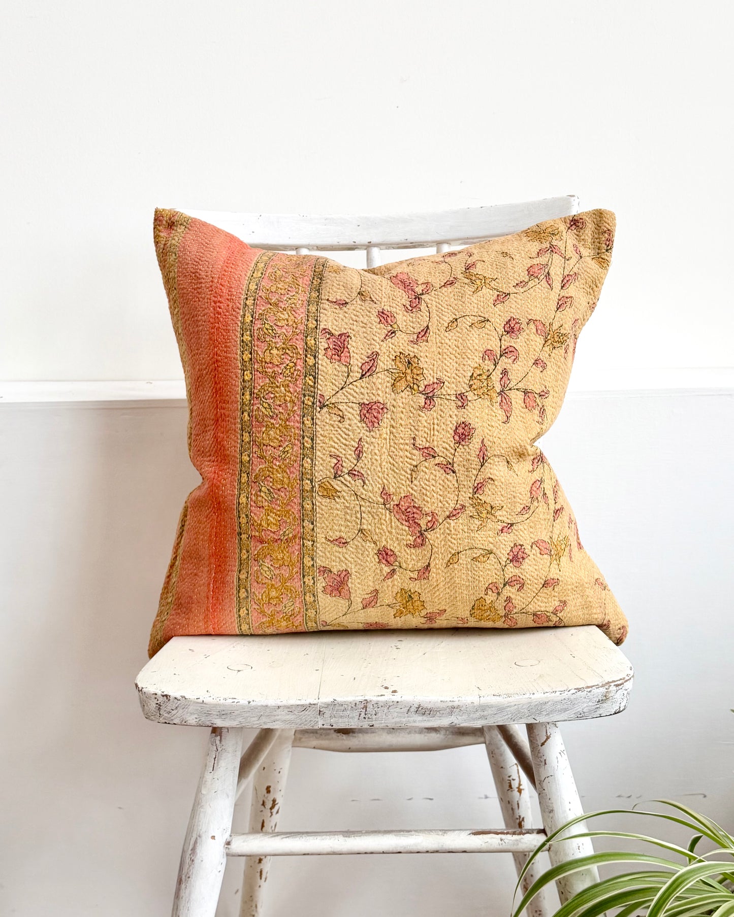 Vintage Kantha Cushion With Yellow Flowers - 45cm Square