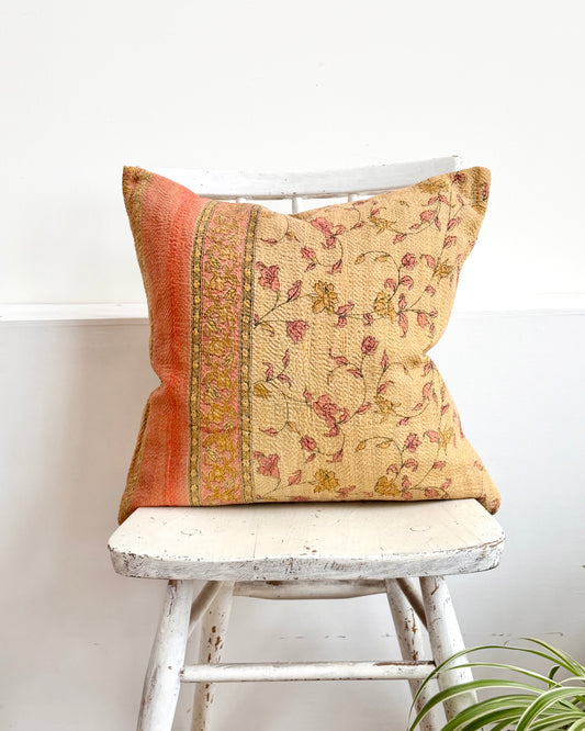 Vintage Kantha Cushion With Yellow Flowers - 45cm Square