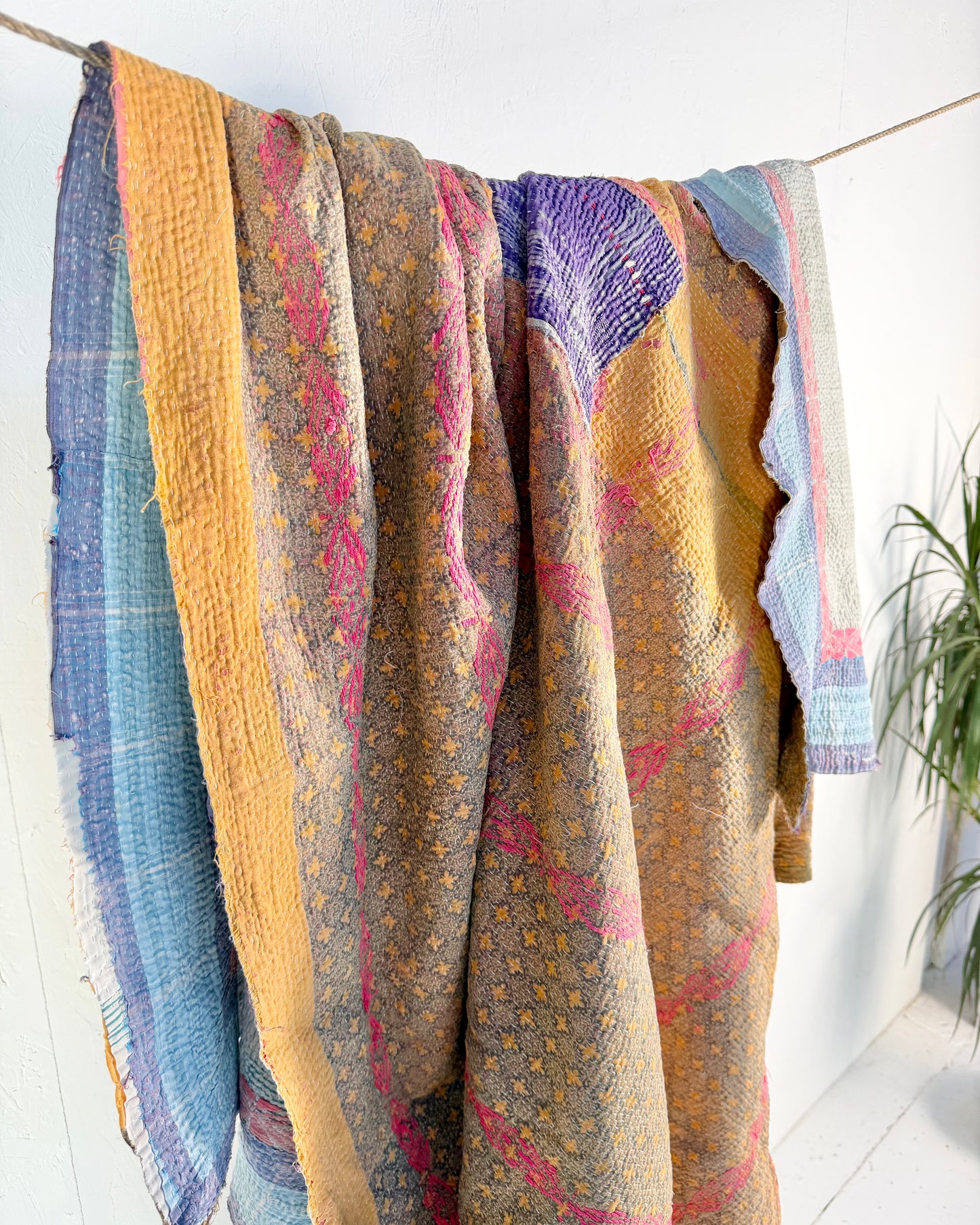 Embroidered Vintage Kantha Quilt in Yellow, Pink and White