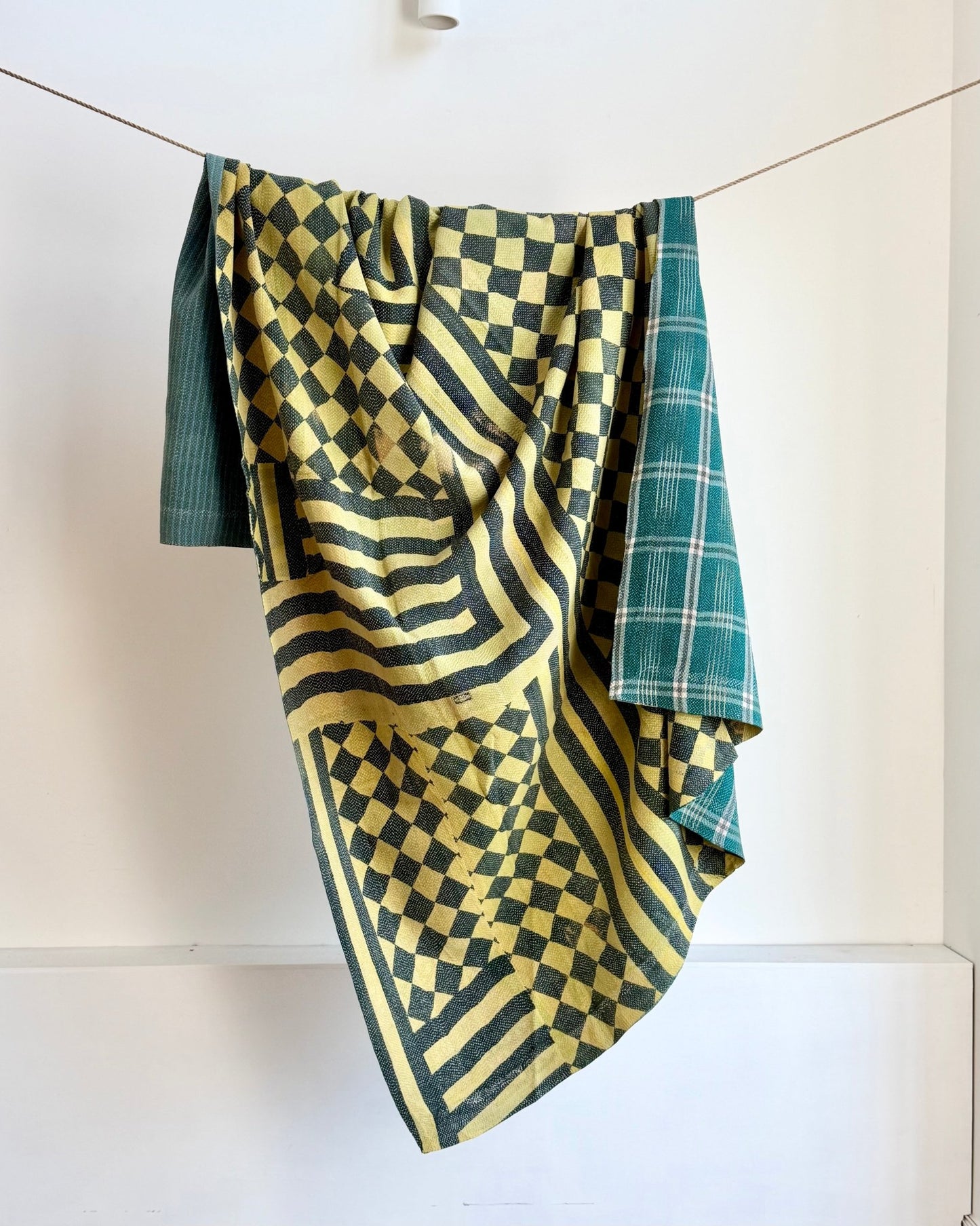 Large Fine Stitched Vintage Kantha Quilt in Diamond Pattern Yellow and Green - Biggs & Hill