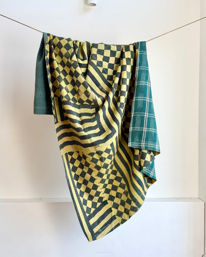 Large Fine Stitched Vintage Kantha Quilt in Diamond Pattern Yellow and Green - Biggs & Hill