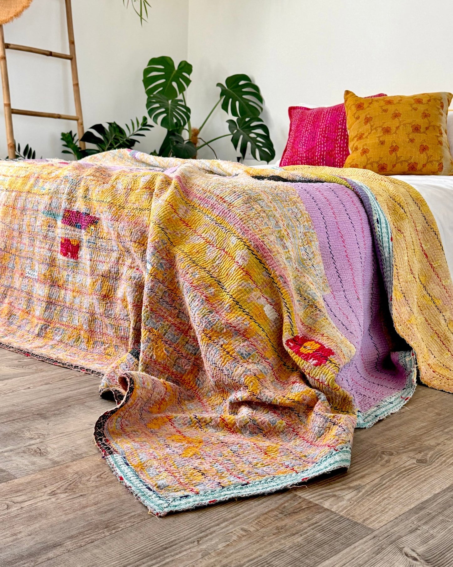 Large Textured Vintage Kantha Quilt In Abstract Pink, Purple and Yellow - Biggs & Hill