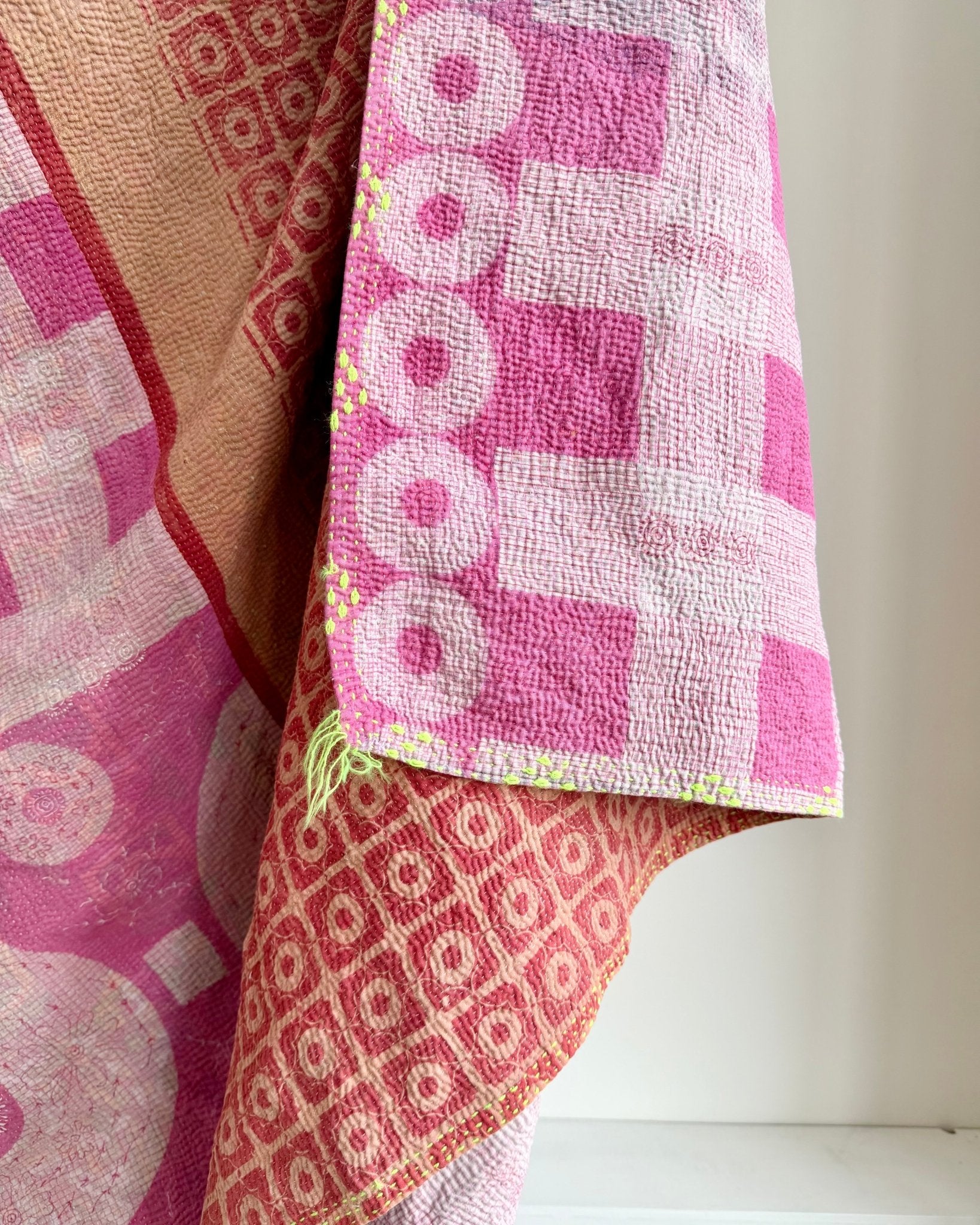 Large Fine Stitched Vintage Kantha Quilt With Pink Squares - Biggs & Hill