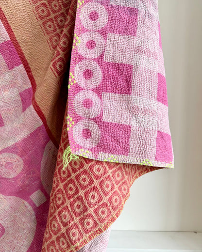 Large Fine Stitched Vintage Kantha Quilt With Pink Squares - Biggs & Hill