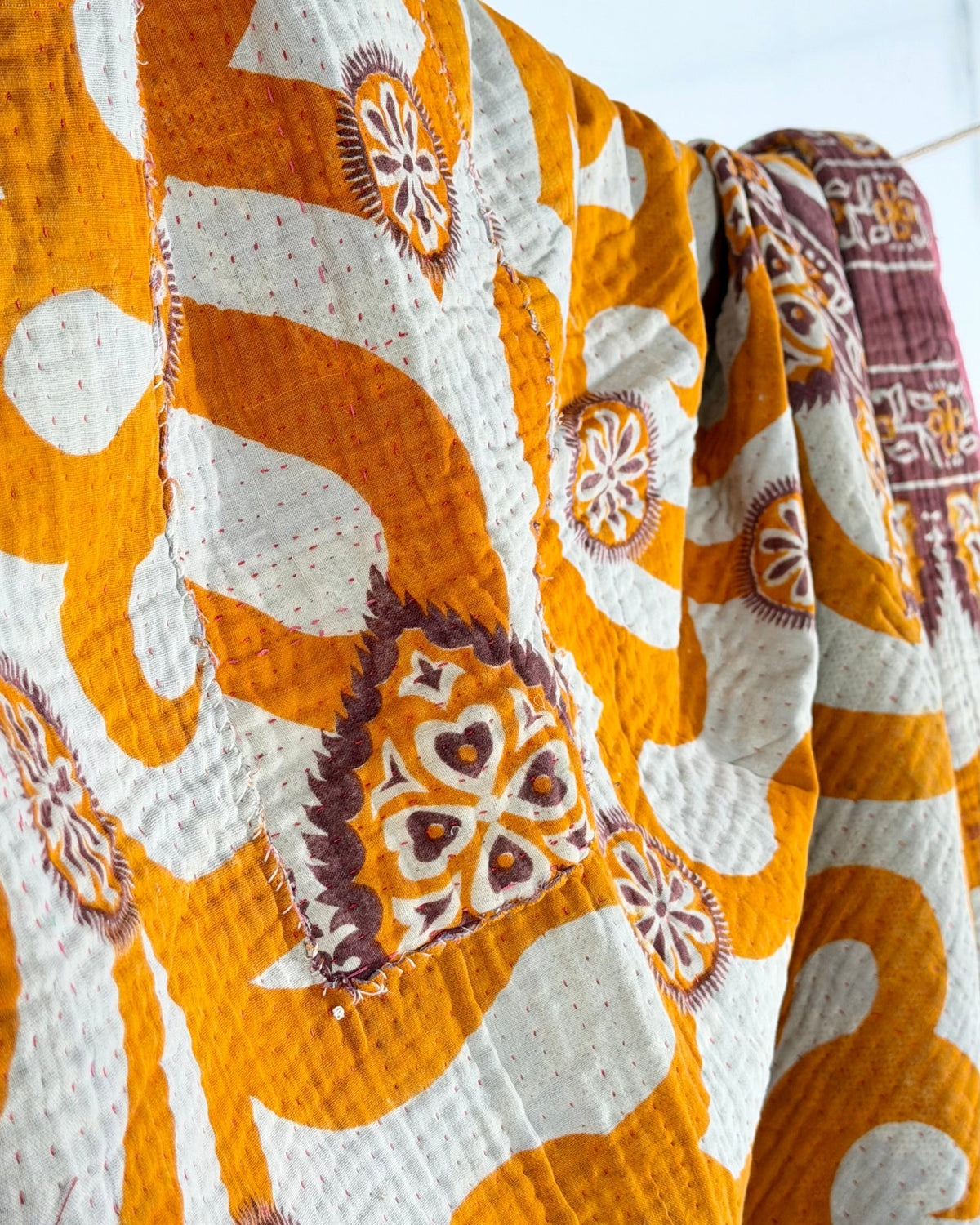 Fine Stitched Vintage Kantha Quilt with Geometric Orange Patterns - Biggs & Hill