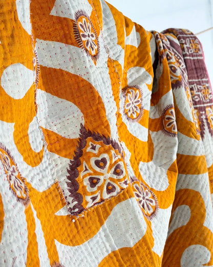 Fine Stitched Vintage Kantha Quilt with Geometric Orange Patterns - Biggs & Hill
