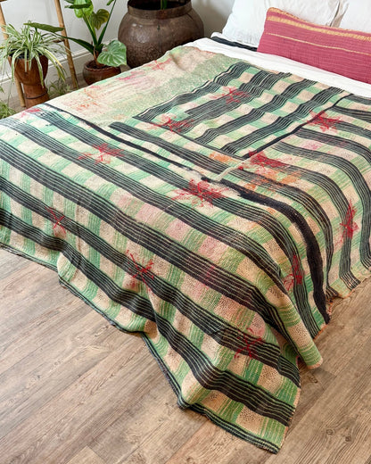 Large Fine Stitched Embroidered Vintage Kantha Quilt With Red Stars on Grey - Biggs & Hill