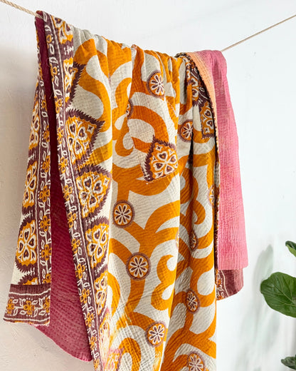 Fine Stitched Vintage Kantha Quilt with Geometric Orange Patterns - Biggs & Hill