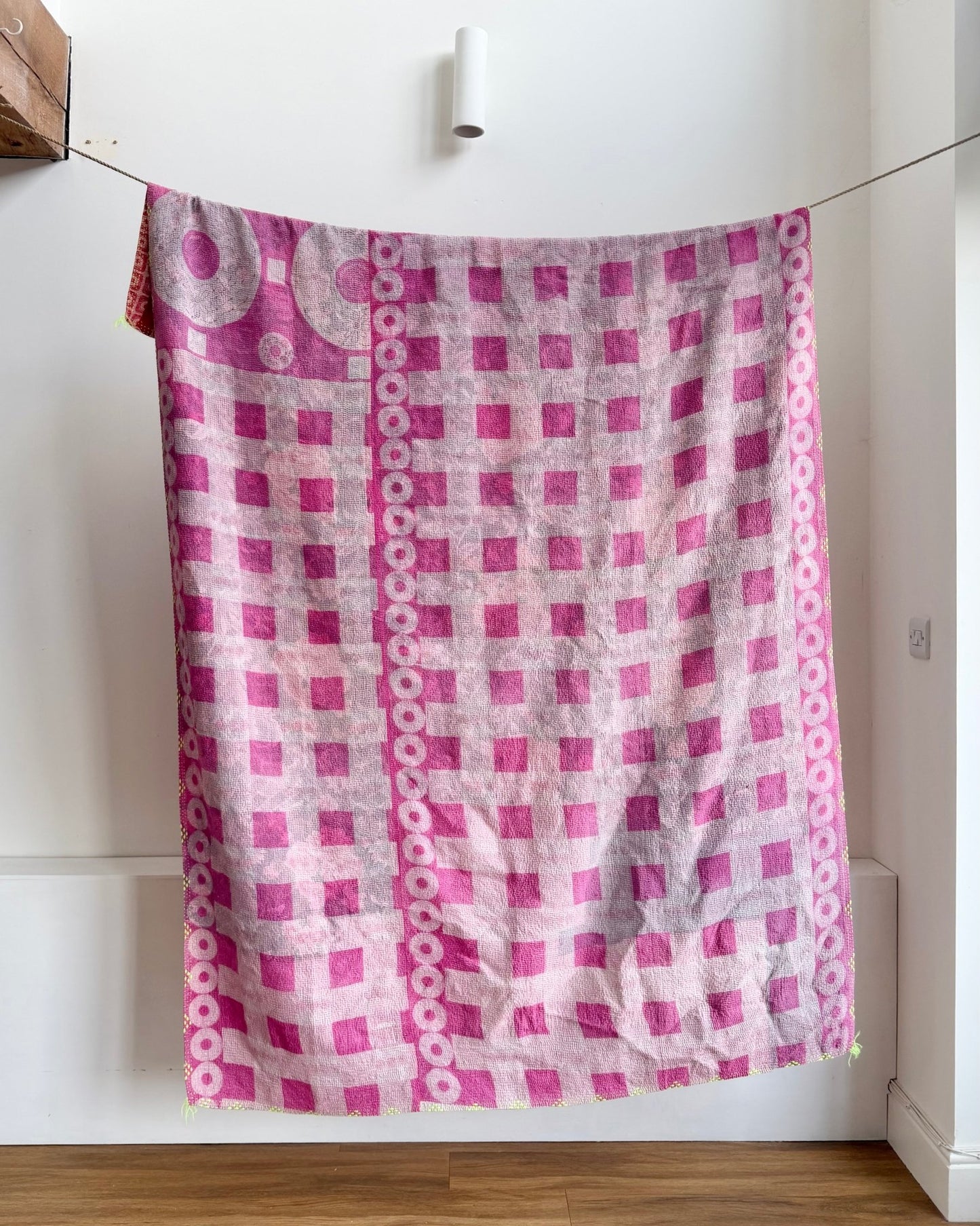 Large Fine Stitched Vintage Kantha Quilt With Pink Squares - Biggs & Hill