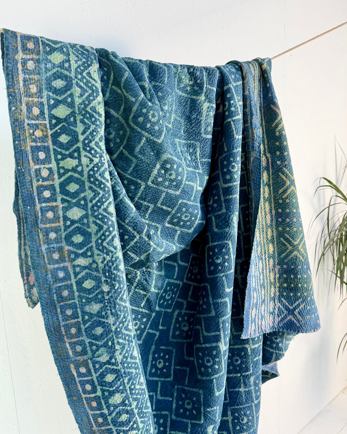 Large Heavy Indigo Print Kantha Quilt