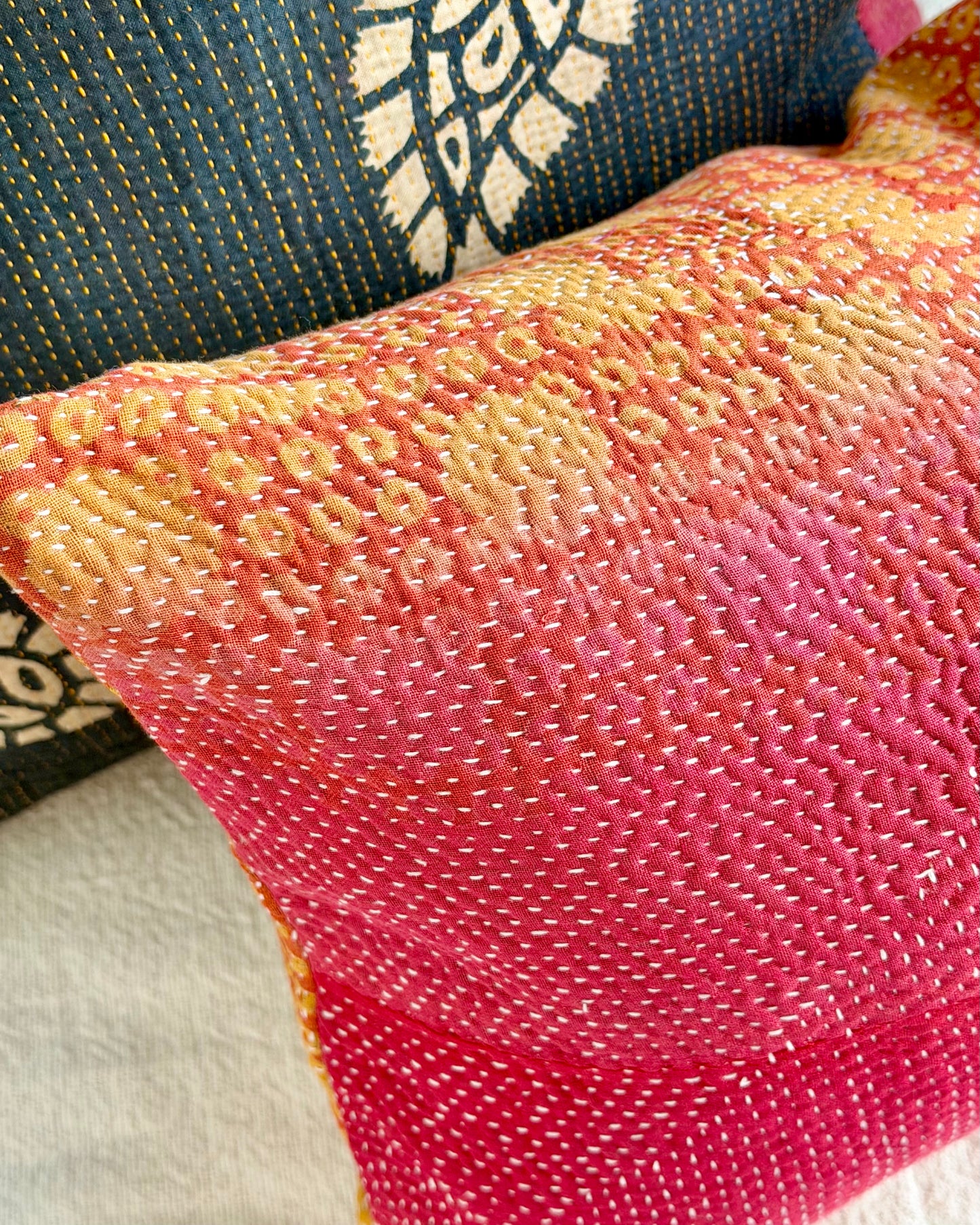 Vintage Kantha Cushion In Pink and Yellow - Small Rectangular
