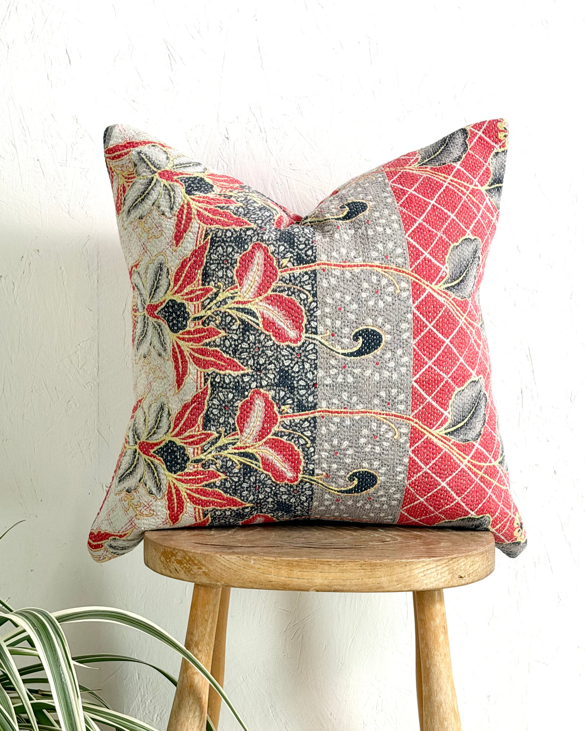 Handmade Vintage Kantha Cushion Cover In Red and Blue - 45cm (18") Square