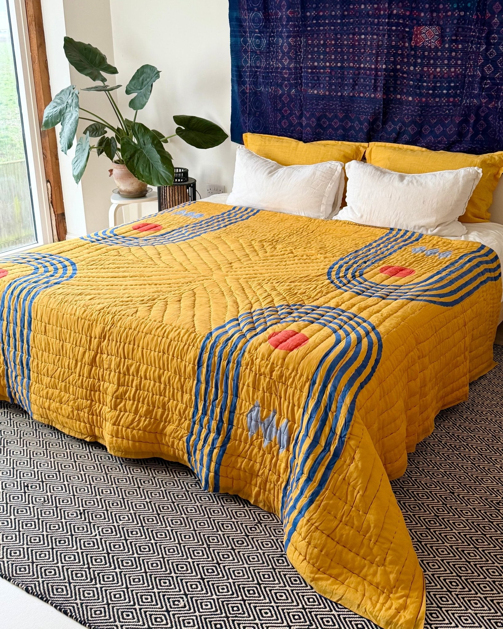 Quilted Kantha In Blue and Yellow With Geometric Patterns - SUPER KING - Biggs & Hill