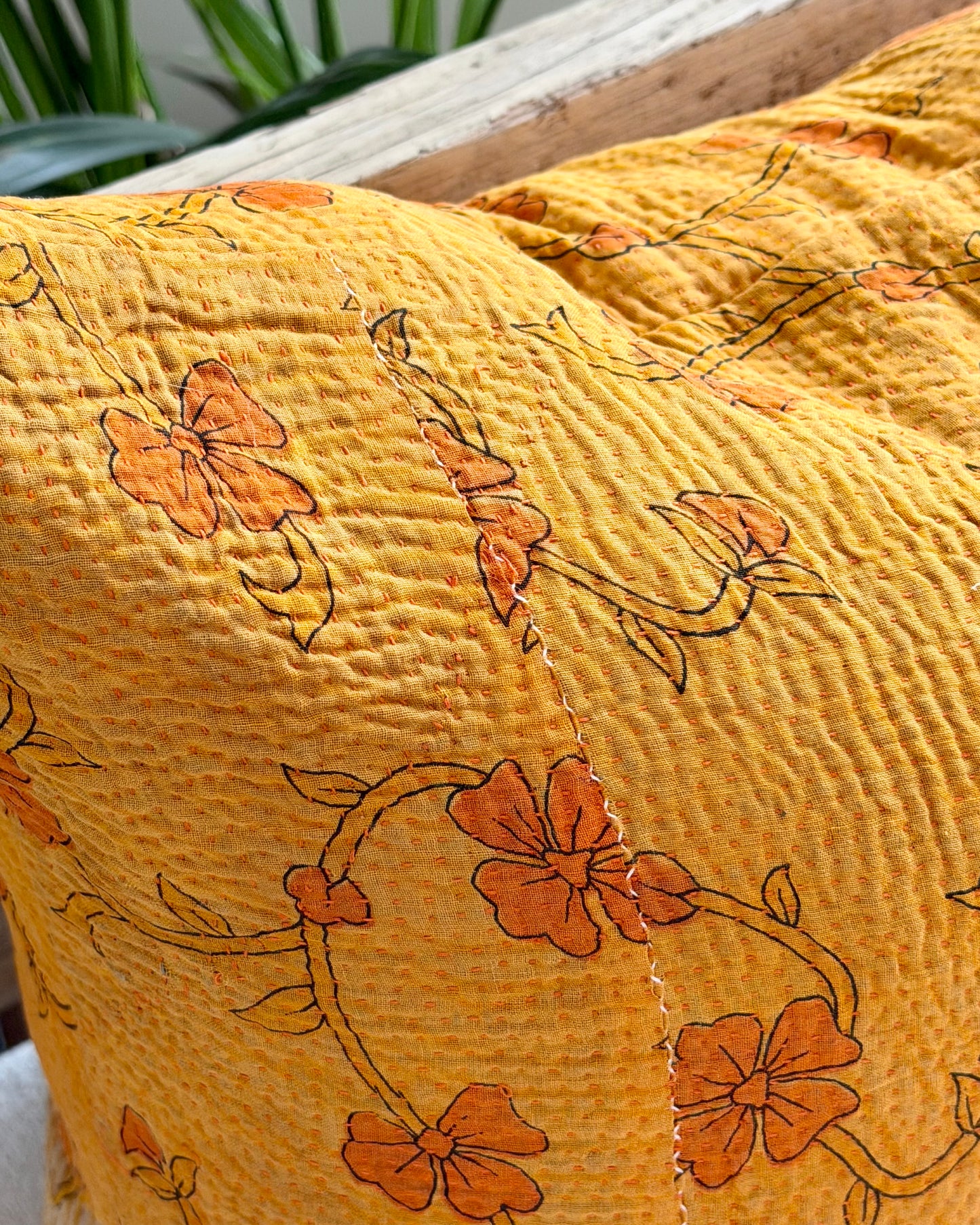 Vintage Kantha Cushion In Yellow Floral - 45cm Square