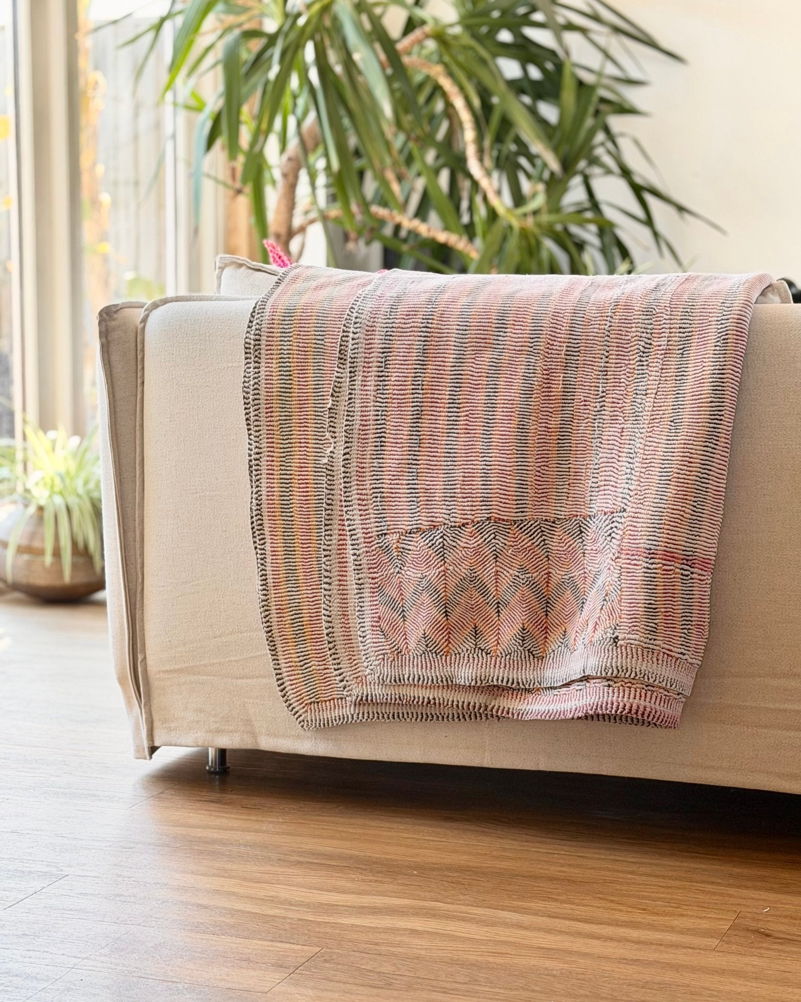 Small Heavy Vintage Lohori Kantha Quilt in Pink and Yellow Stripes - Biggs & Hill