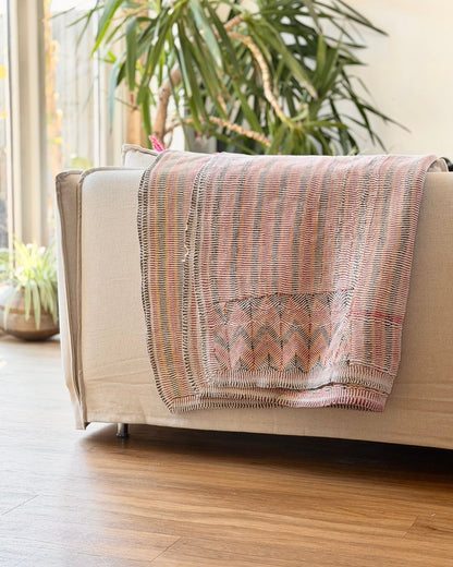 Small Heavy Vintage Lohori Kantha Quilt in Pink and Yellow Stripes - Biggs & Hill