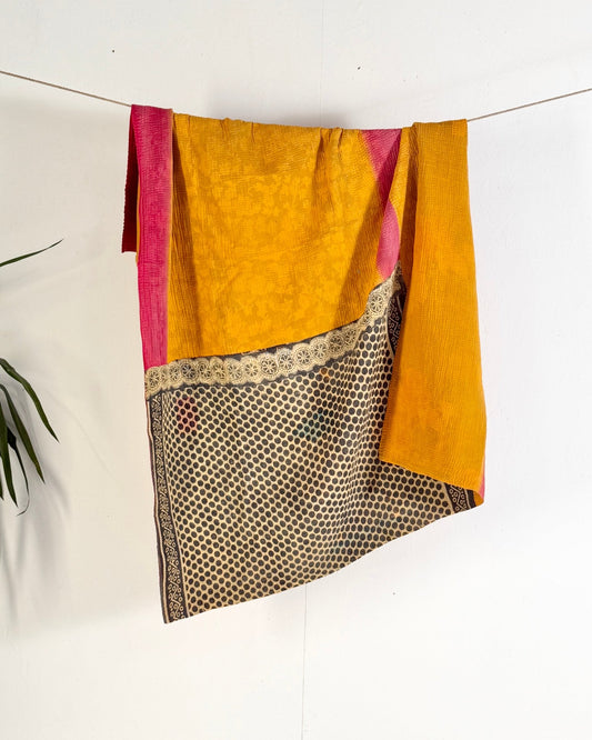 Fine Stitched Vintage Kantha Quilt in Vibrant Pink and Yellow with Dot Pattern